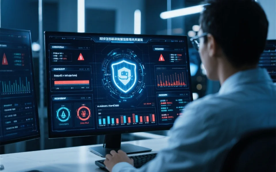 显示现代化的网络安全监控界面，工作人员在分析安全警报和防火墙状态