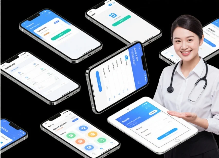 一组移动设备（手机、平板）上展示着最新的应用界面，旁边有客服人员微笑服务，突出官方渠道的专业与可靠